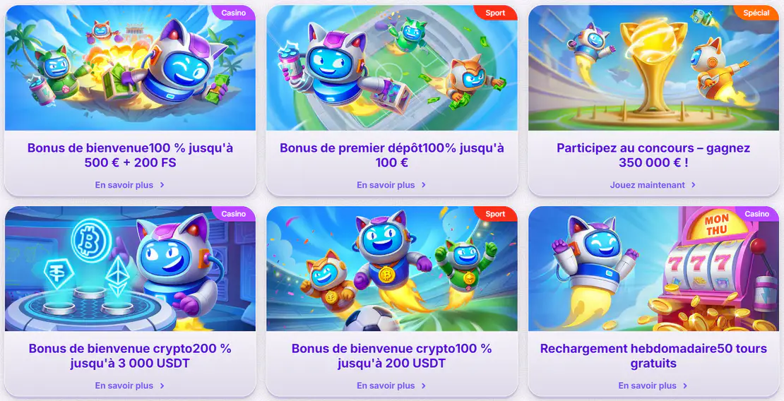 RoboCat Casino promotions avec bonus de bienvenue, bonus crypto, tours gratuits et concours avec récompenses