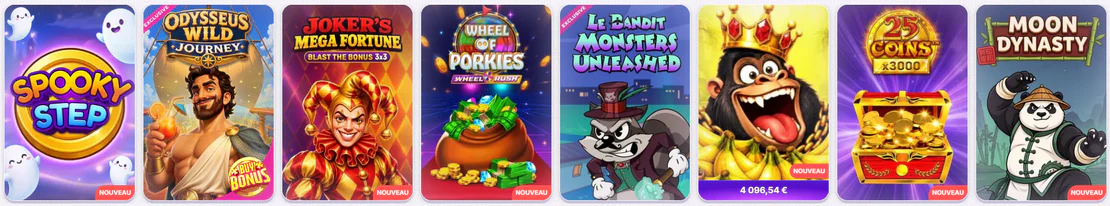 RoboCat Casino sélection de machines à sous avec Spooky Step, Odysseus Wild Journey, Joker’s Mega Fortune, Wheel of Porkies et Moon Dynasty